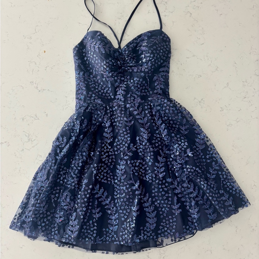 Blondie Nites Navy Sequin Fit-and-Flare Spaghetti Strap Dress